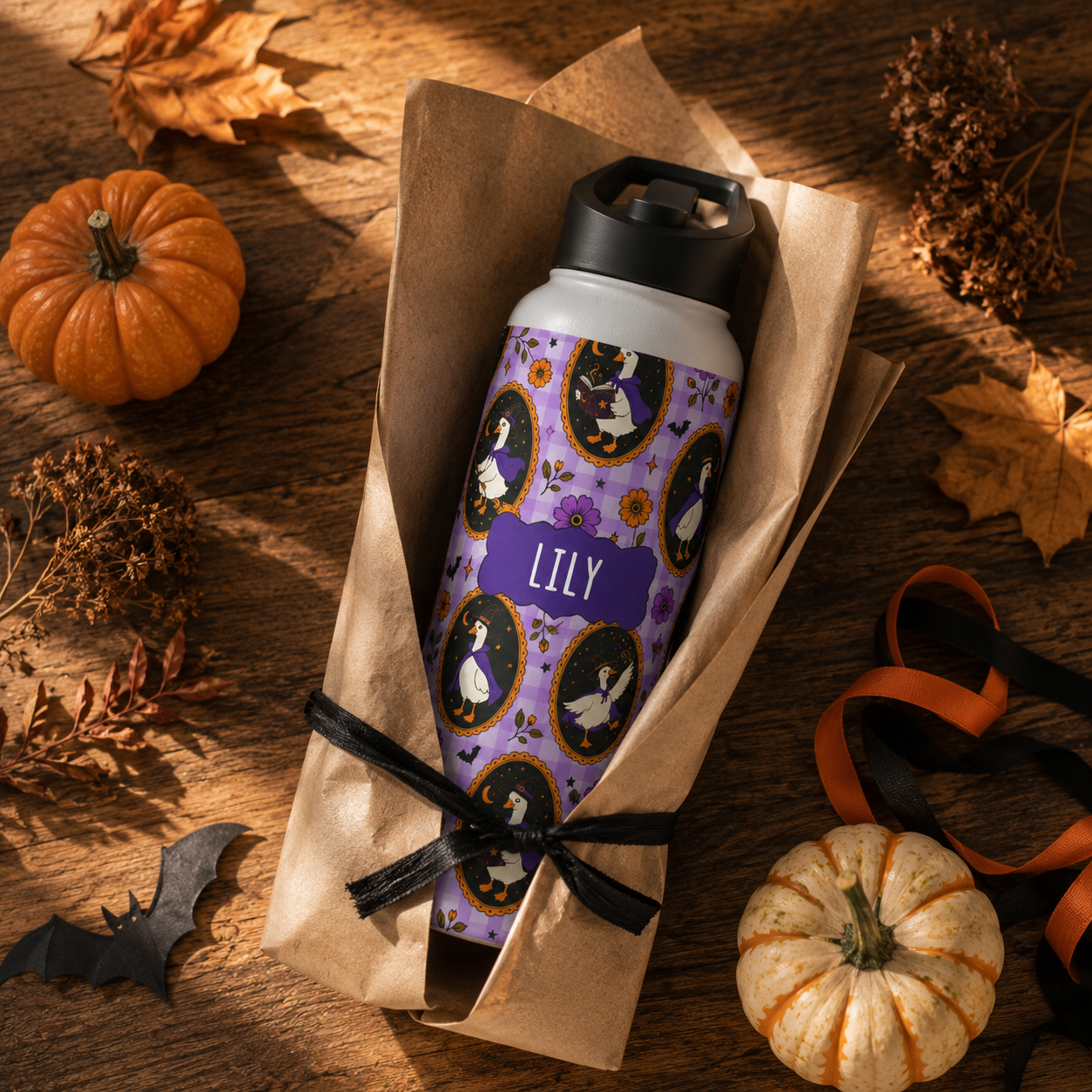 Personalized Water Bottle - Halloween Witchy Goose Custom Name