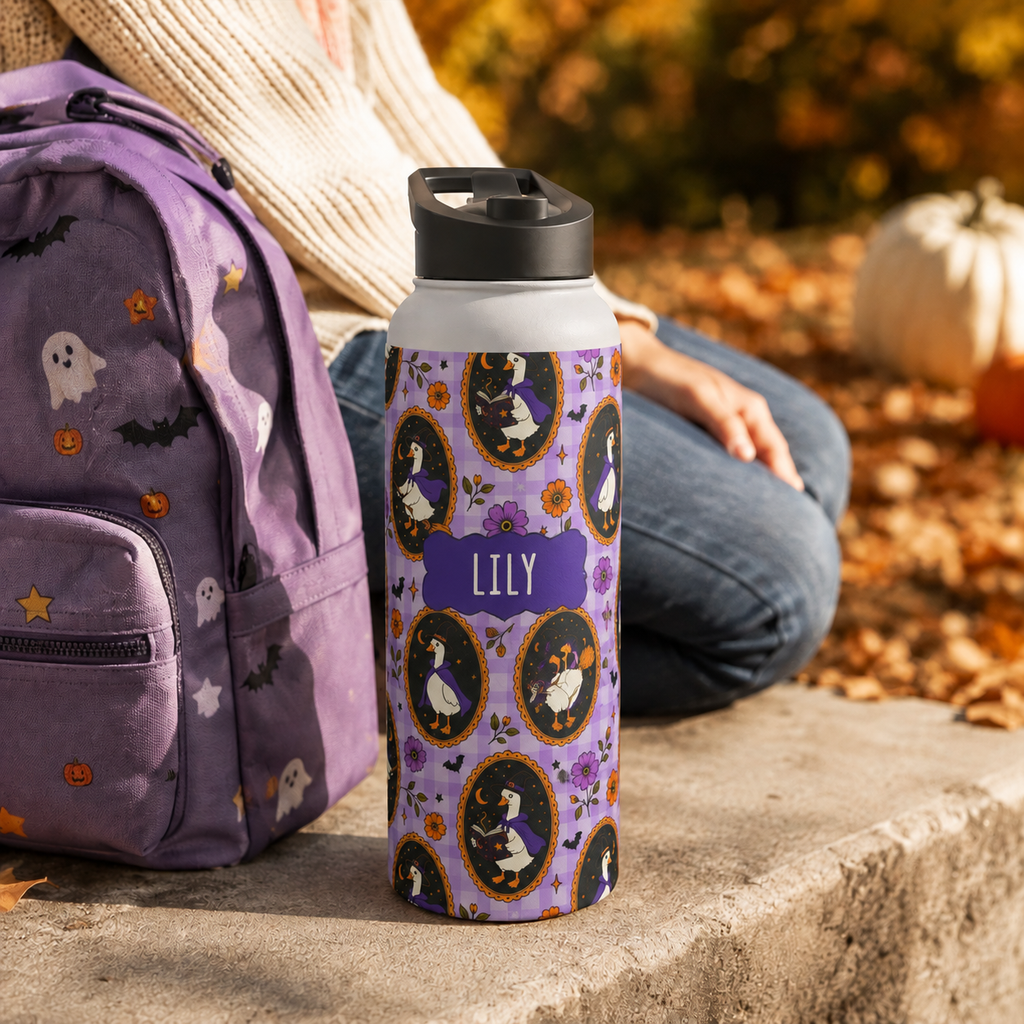 Personalized Water Bottle - Halloween Witchy Goose Custom Name