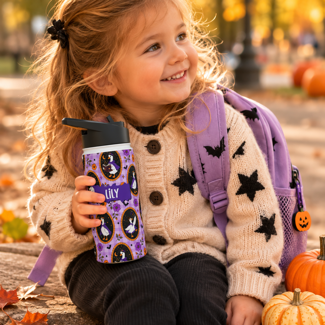 Personalized Water Bottle - Halloween Witchy Goose Custom Name