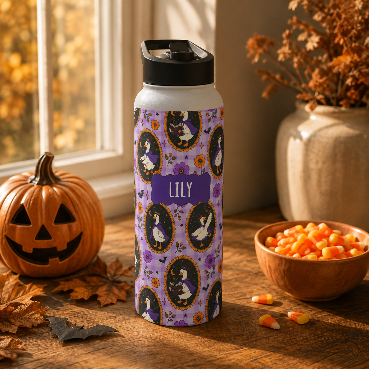 Personalized Water Bottle - Halloween Witchy Goose Custom Name