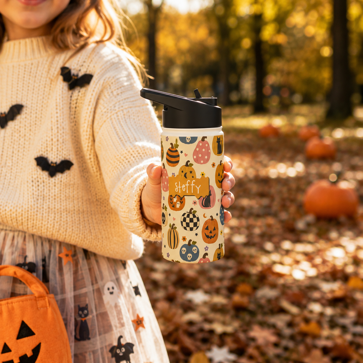 Personalized Water Bottle - Halloween Pumpkin Patch Custom Name