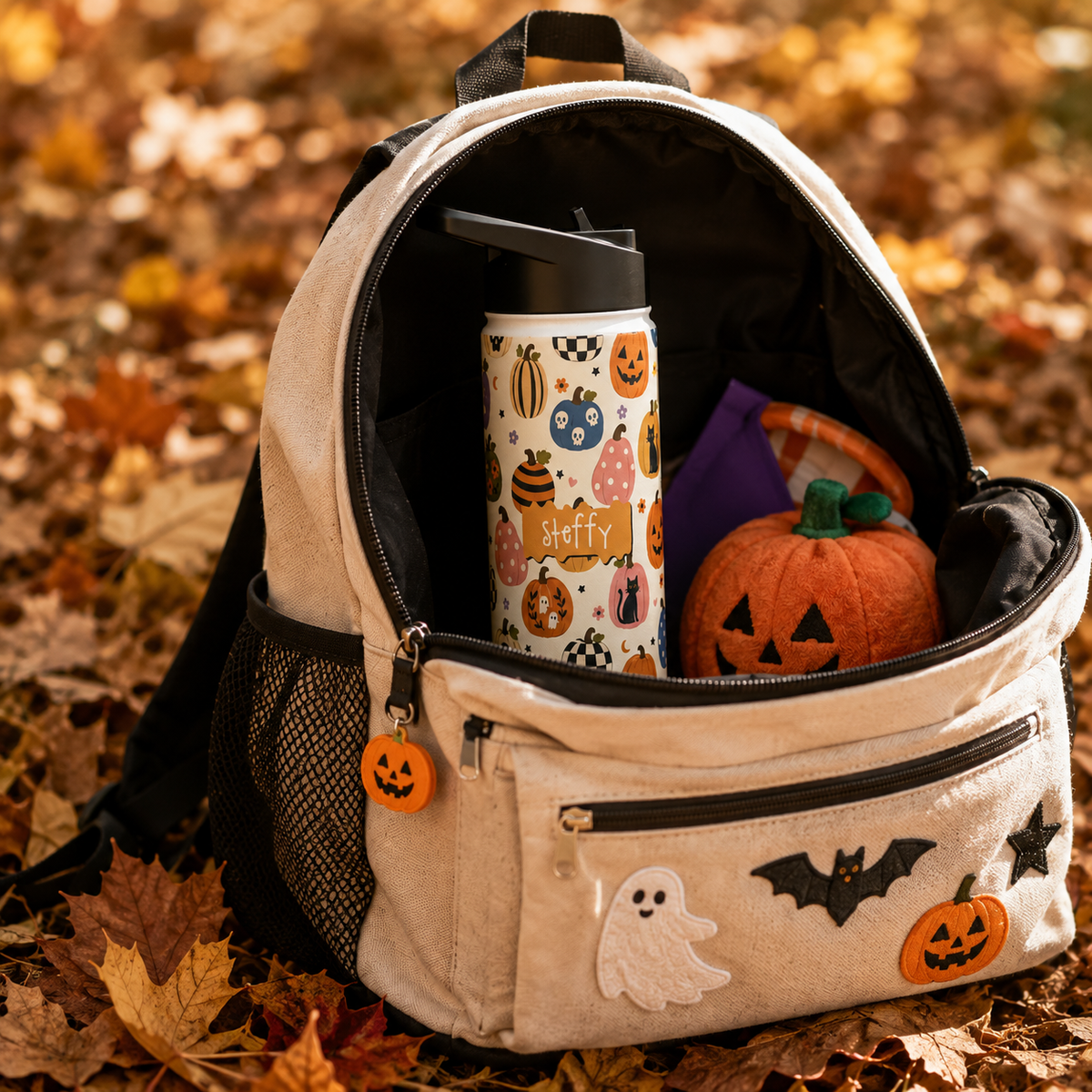 Personalized Water Bottle - Halloween Pumpkin Patch Custom Name