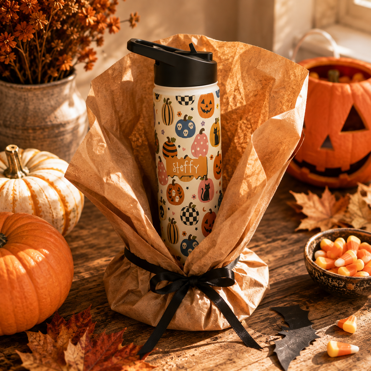 Personalized Water Bottle - Halloween Pumpkin Patch Custom Name