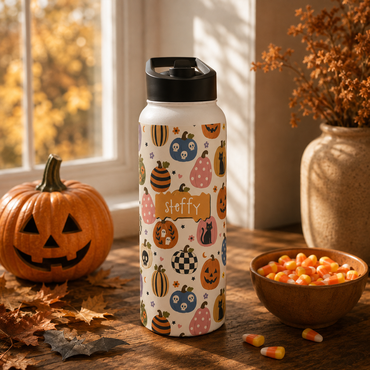 Personalized Water Bottle - Halloween Pumpkin Patch Custom Name