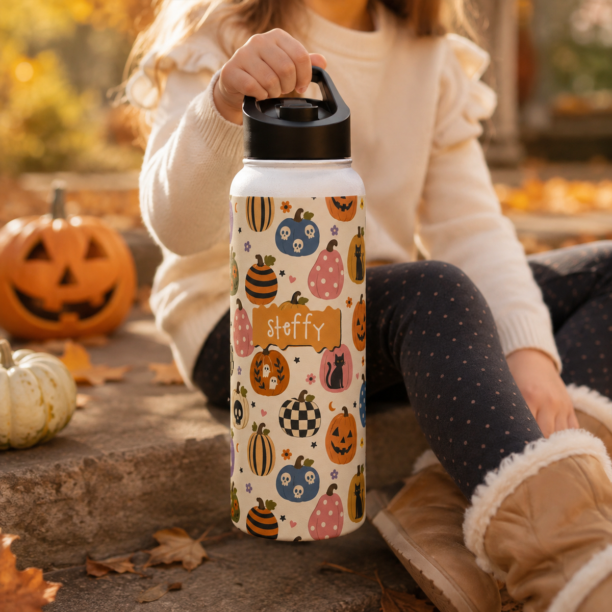 Personalized Water Bottle - Halloween Pumpkin Patch Custom Name