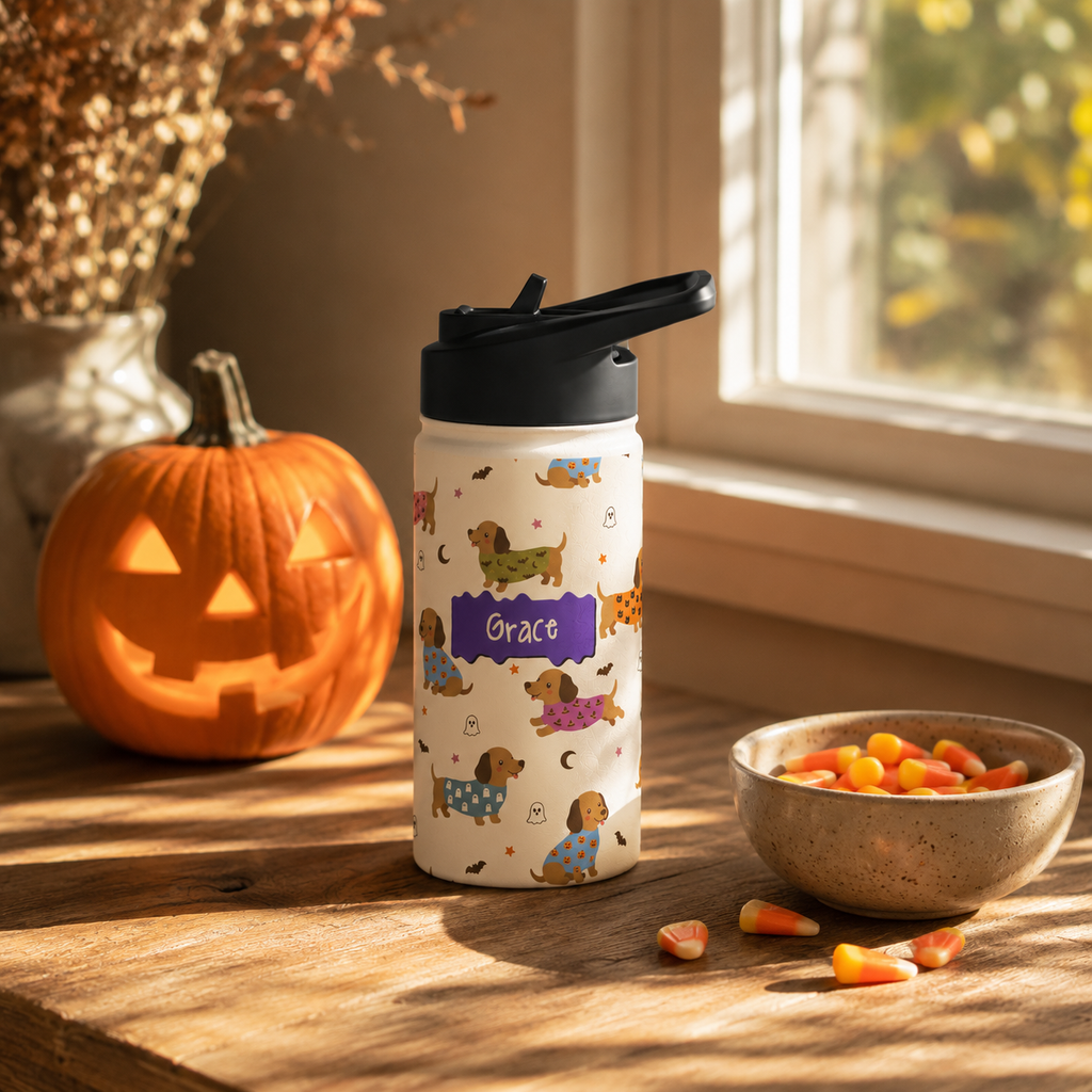 Personalized Water Bottle - Halloween Dachshund Custom Name