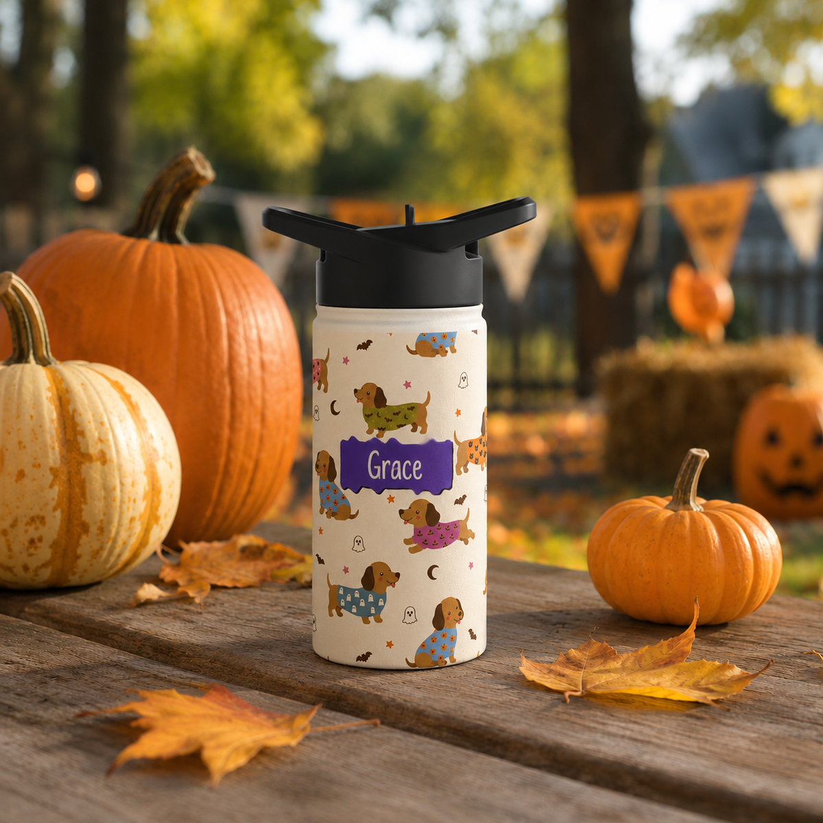 Personalized Water Bottle - Halloween Dachshund Custom Name