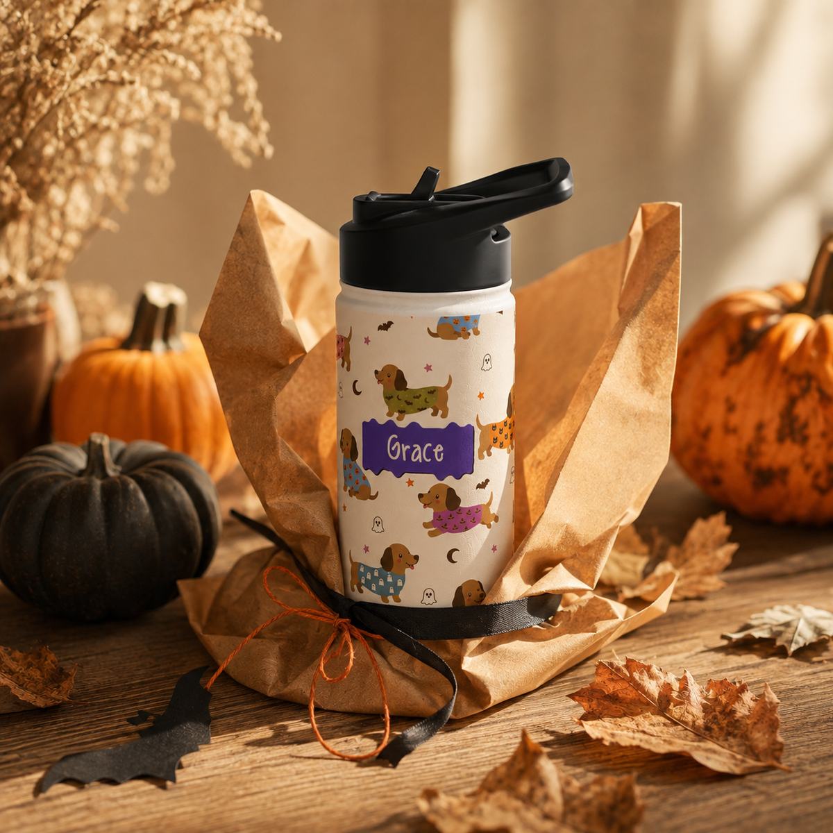 Personalized Water Bottle - Halloween Dachshund Custom Name