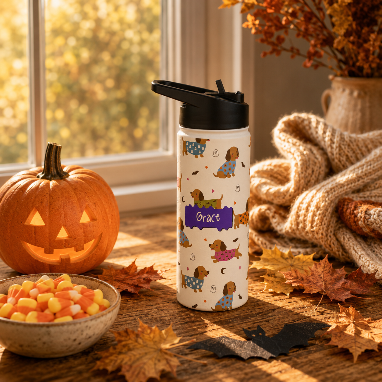 Personalized Water Bottle - Halloween Dachshund Custom Name