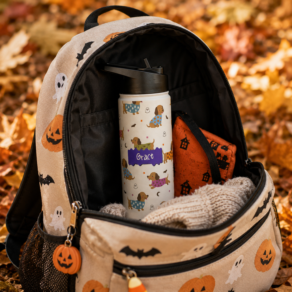 Personalized Water Bottle - Halloween Dachshund Custom Name