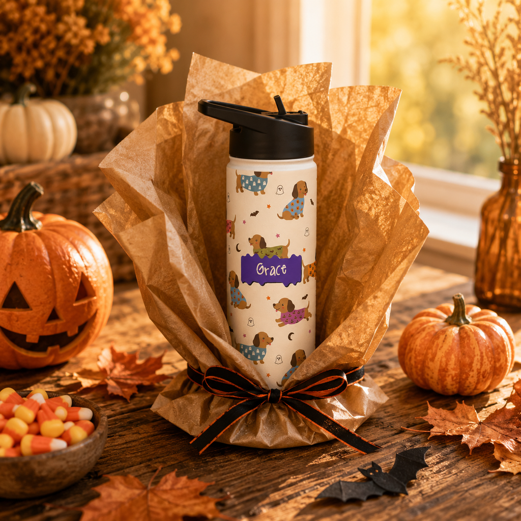 Personalized Water Bottle - Halloween Dachshund Custom Name