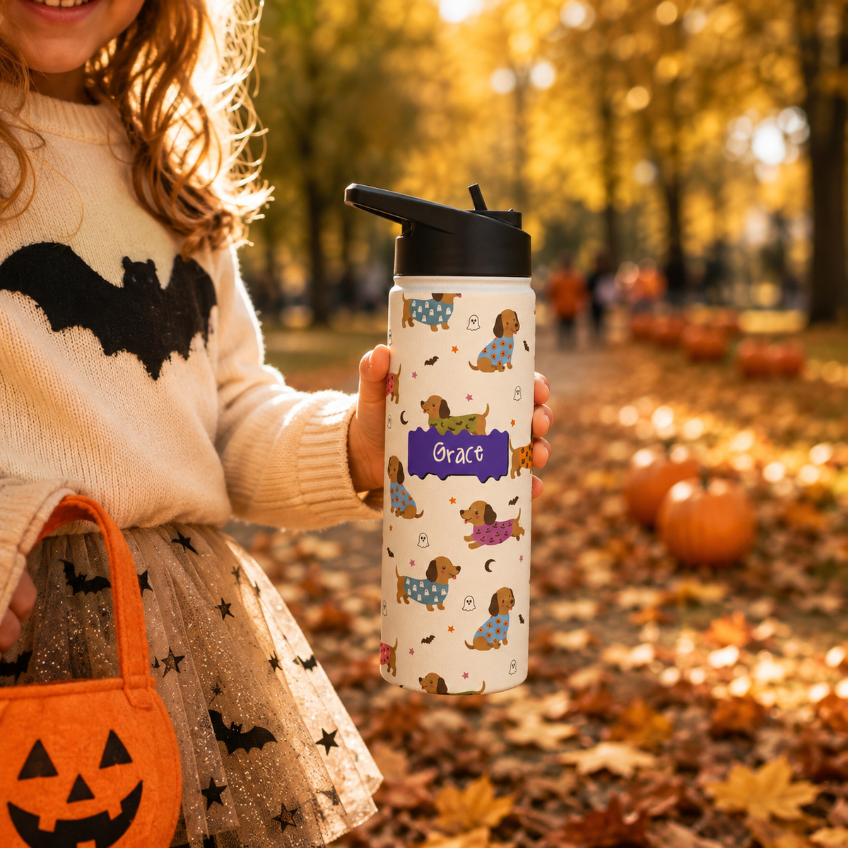 Personalized Water Bottle - Halloween Dachshund Custom Name