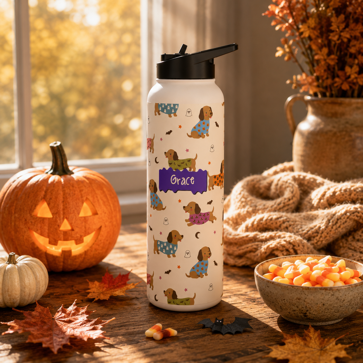 Personalized Water Bottle - Halloween Dachshund Custom Name
