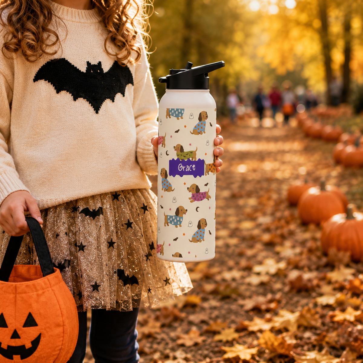 Personalized Water Bottle - Halloween Dachshund Custom Name