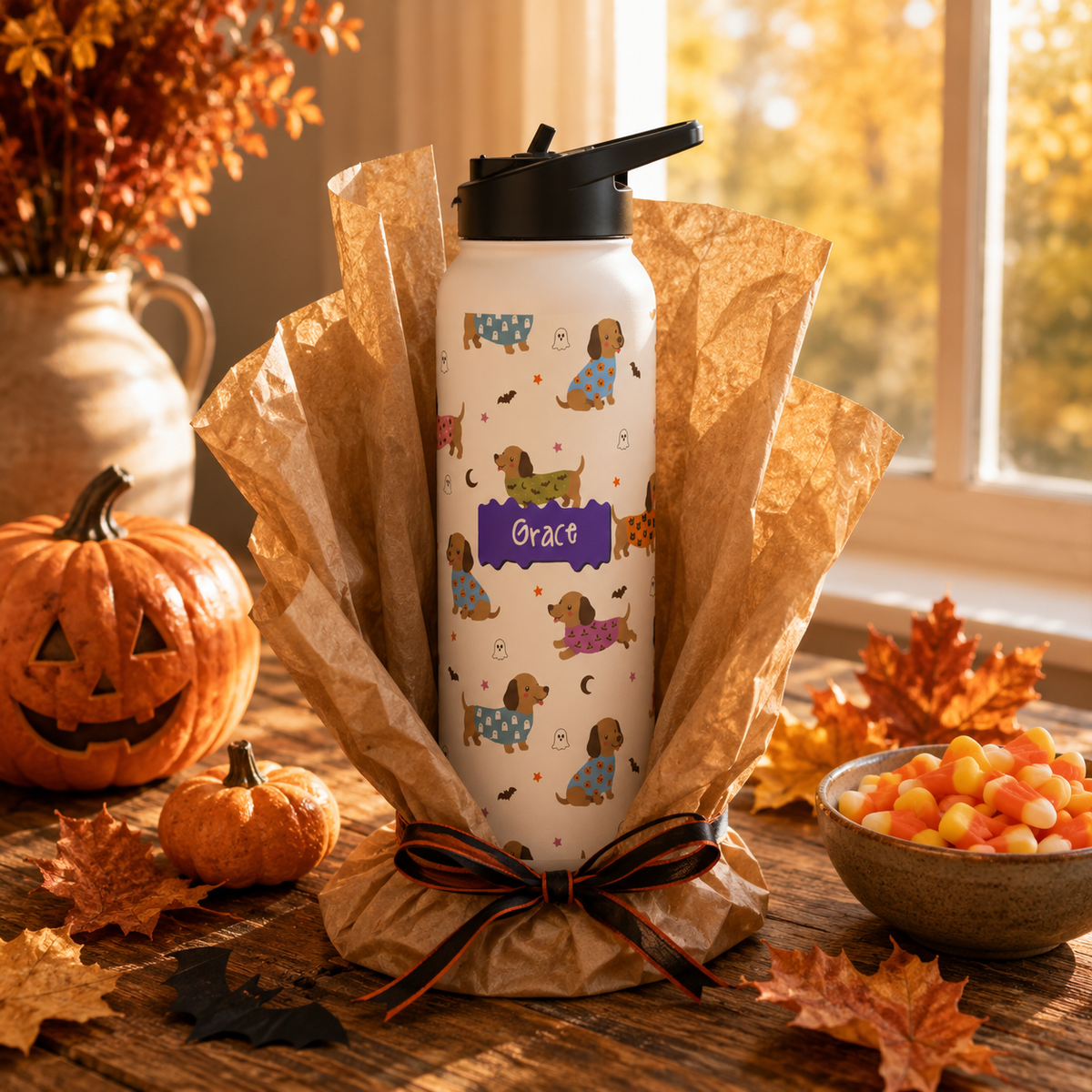 Personalized Water Bottle - Halloween Dachshund Custom Name