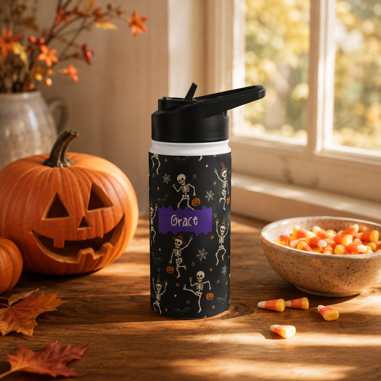 Personalized Water Bottle - Halloween Dancing Skeleton Custom Name