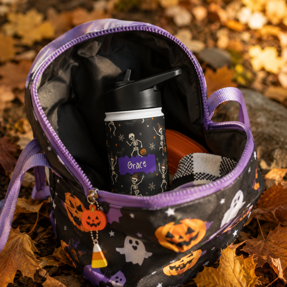 Personalized Water Bottle - Halloween Dancing Skeleton Custom Name