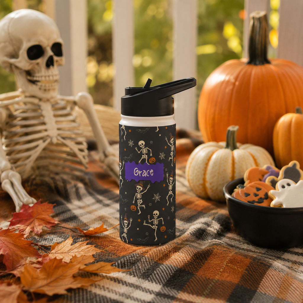 Personalized Water Bottle - Halloween Dancing Skeleton Custom Name