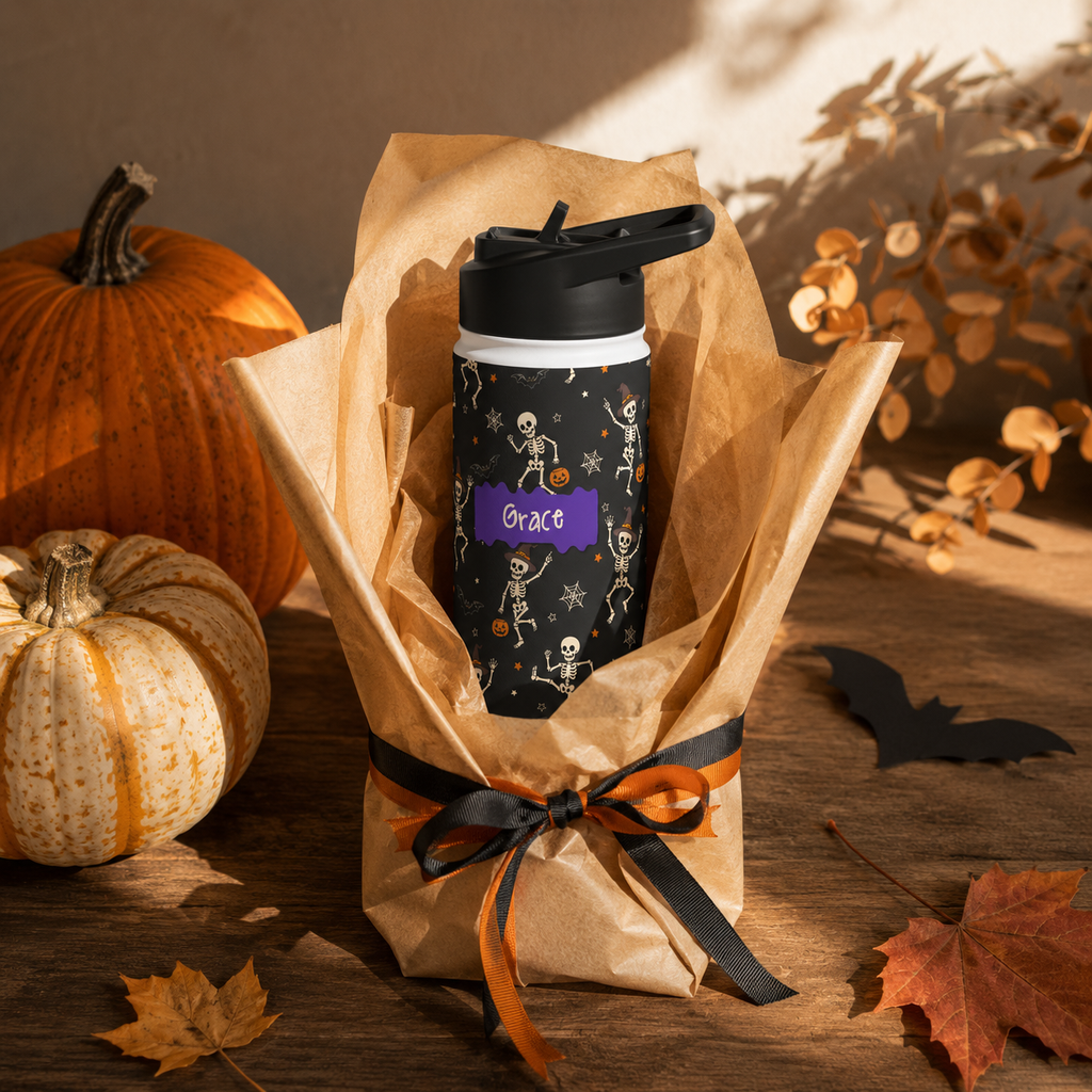 Personalized Water Bottle - Halloween Dancing Skeleton Custom Name