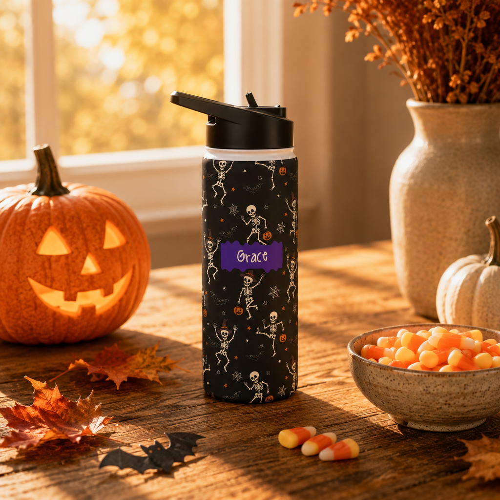 Personalized Water Bottle - Halloween Dancing Skeleton Custom Name