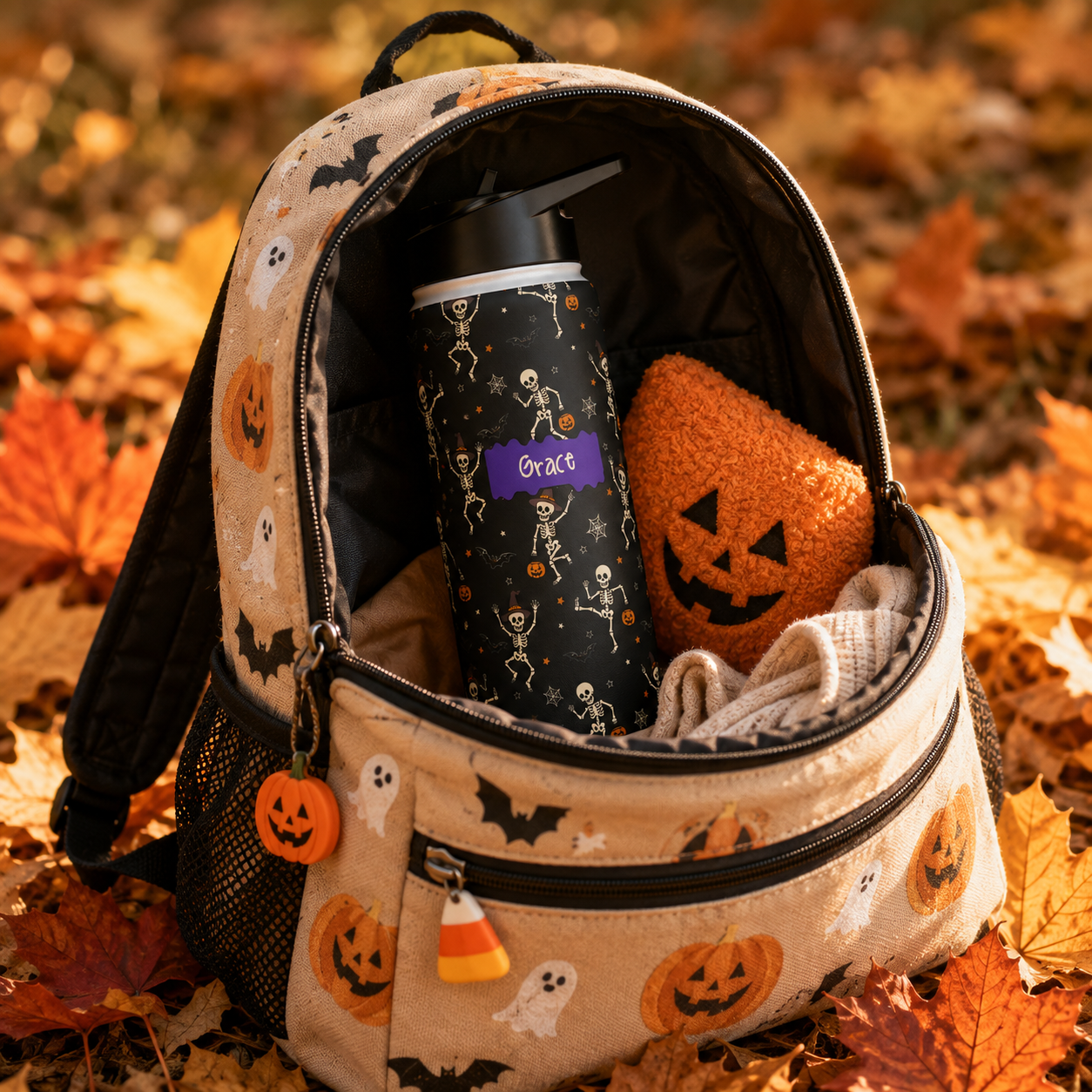 Personalized Water Bottle - Halloween Dancing Skeleton Custom Name
