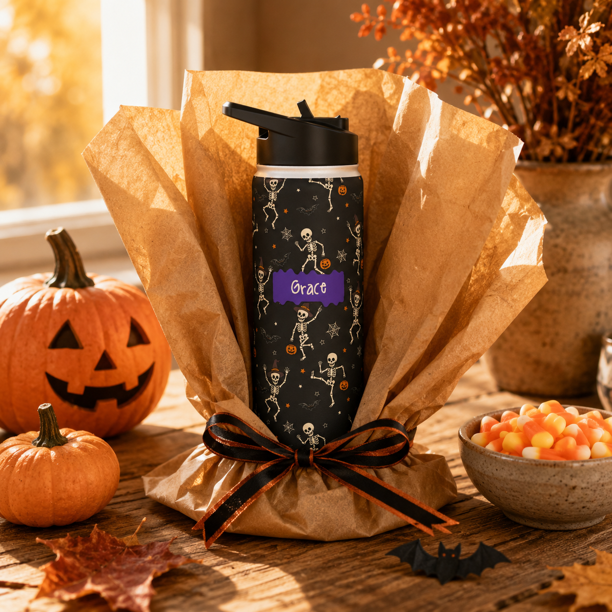 Personalized Water Bottle - Halloween Dancing Skeleton Custom Name