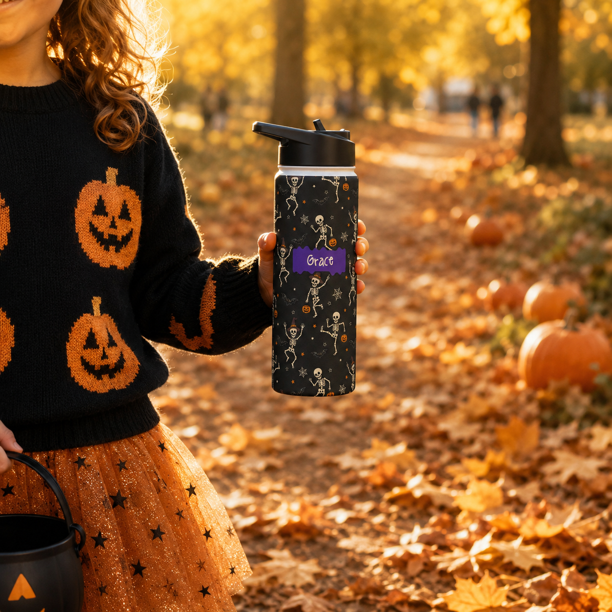 Personalized Water Bottle - Halloween Dancing Skeleton Custom Name