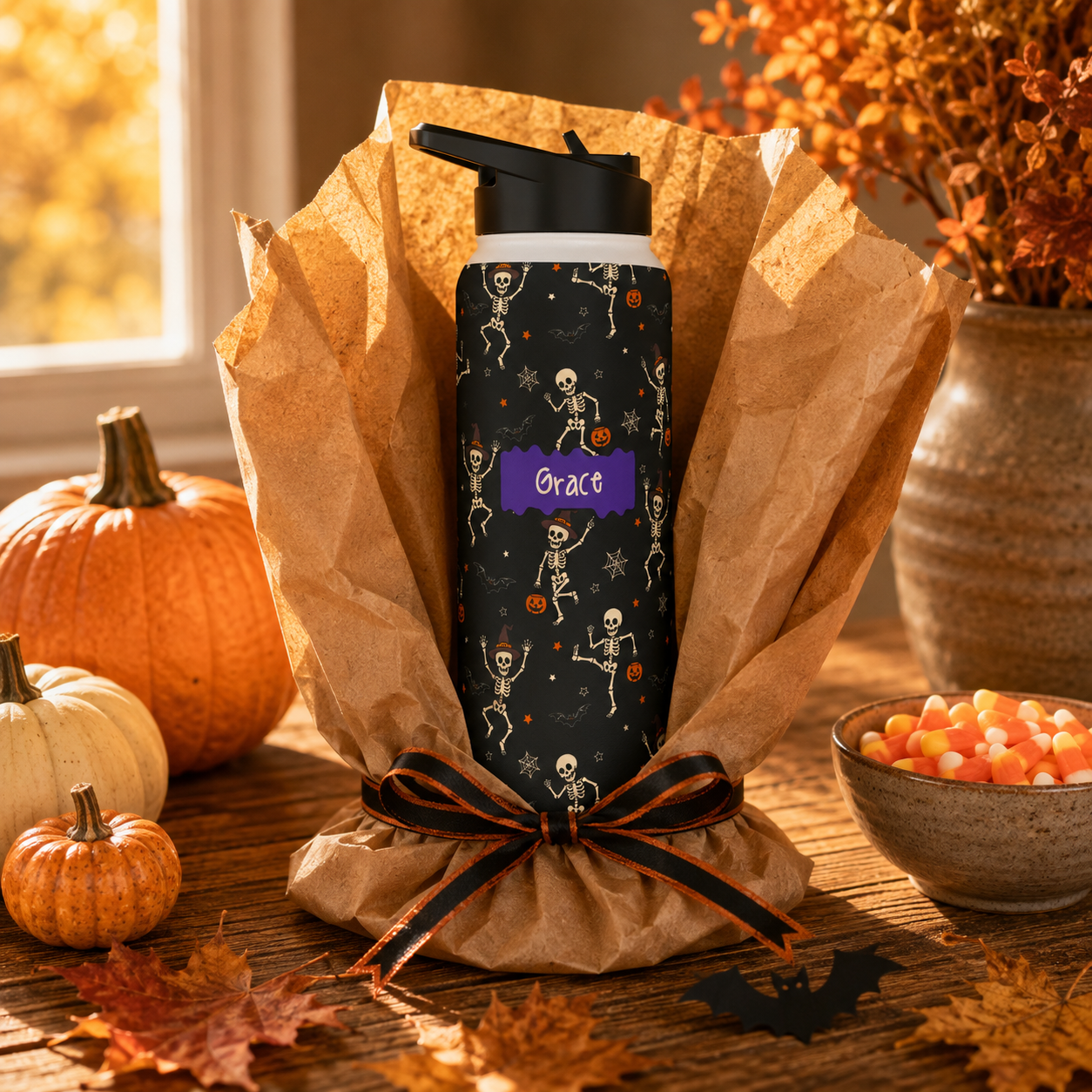 Personalized Water Bottle - Halloween Dancing Skeleton Custom Name
