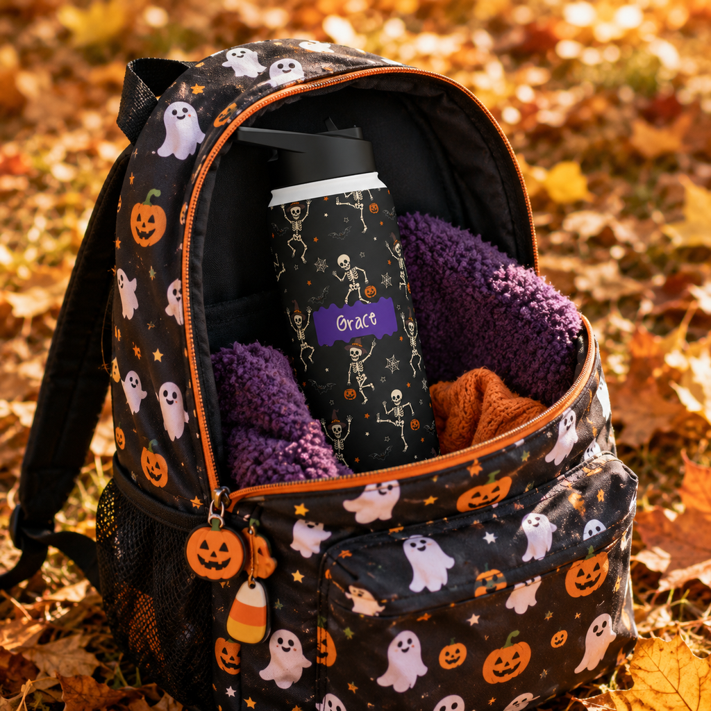 Personalized Water Bottle - Halloween Dancing Skeleton Custom Name
