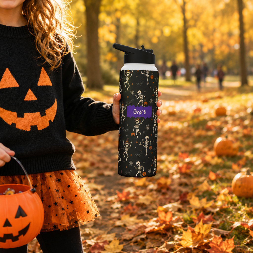 Personalized Water Bottle - Halloween Dancing Skeleton Custom Name