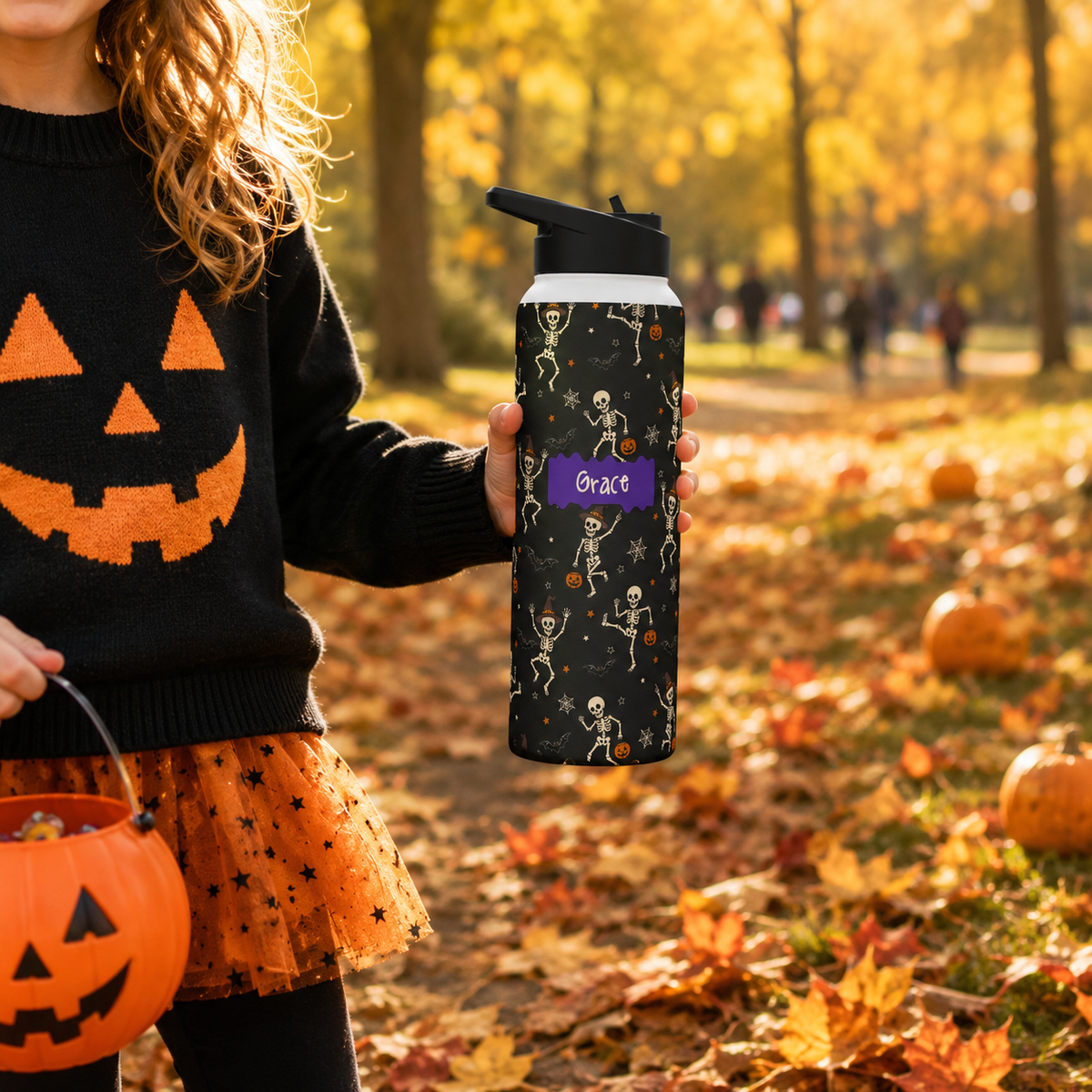 Personalized Water Bottle - Halloween Dancing Skeleton Custom Name