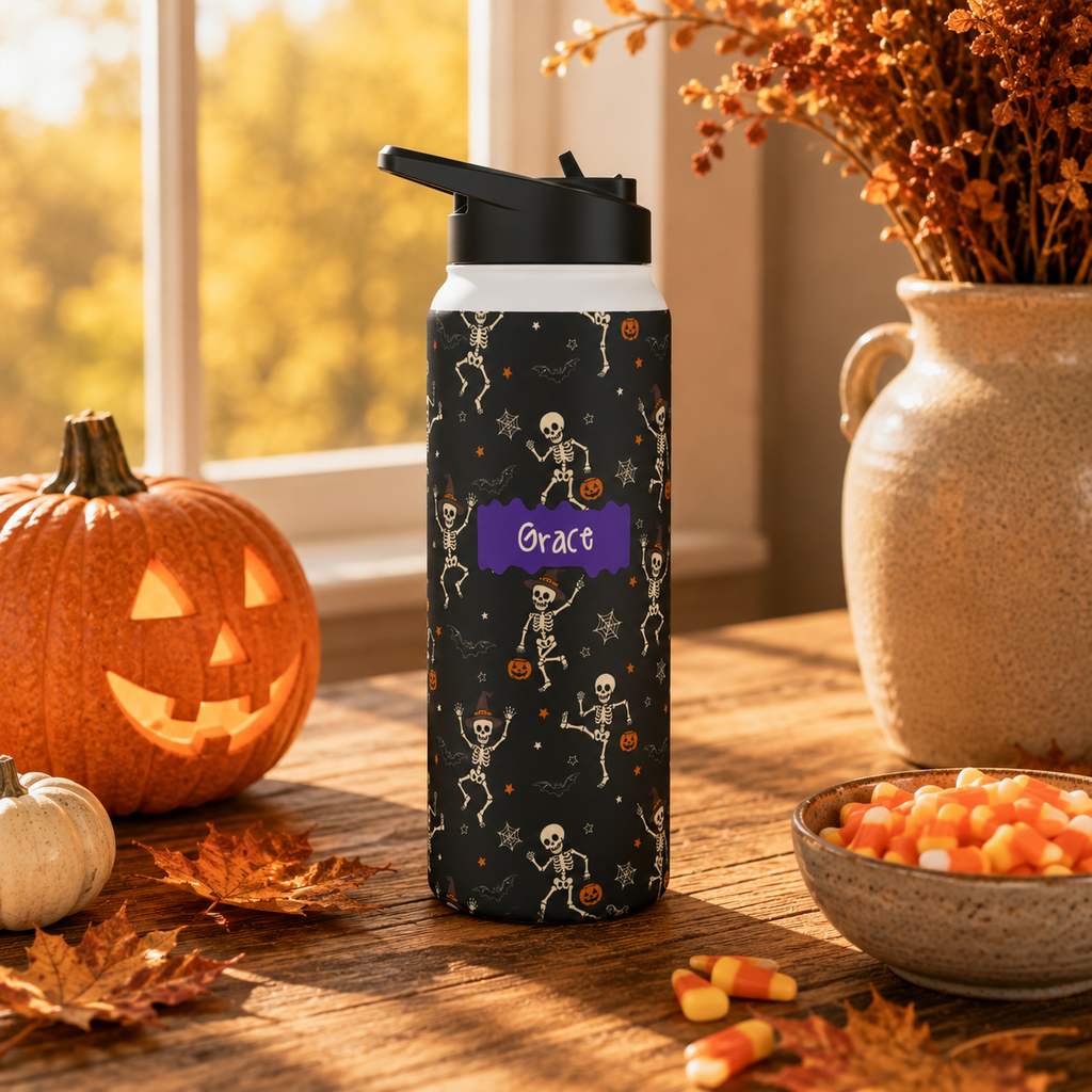 Personalized Water Bottle - Halloween Dancing Skeleton Custom Name