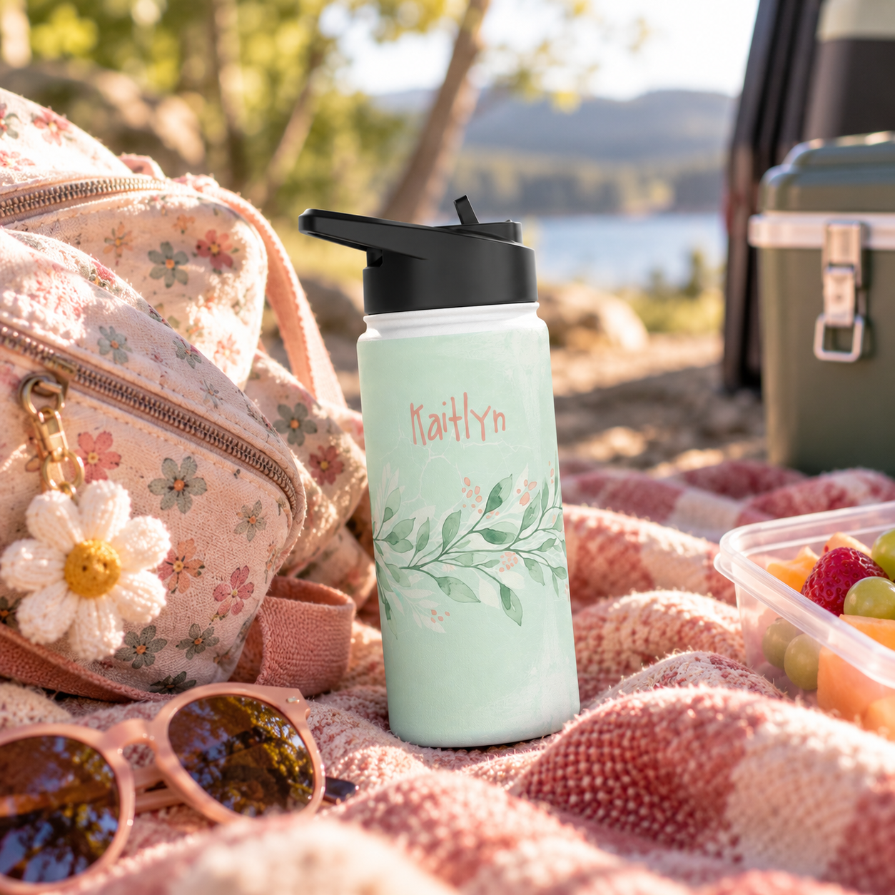 Personalized Water Bottle - Sage Green Botanical Custom Name