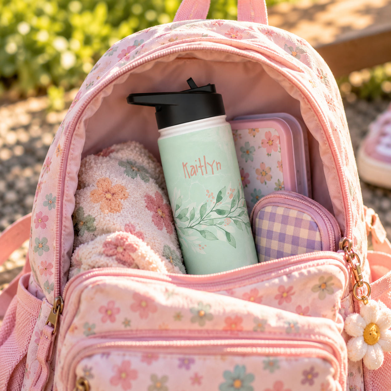 Personalized Water Bottle - Sage Green Botanical Custom Name