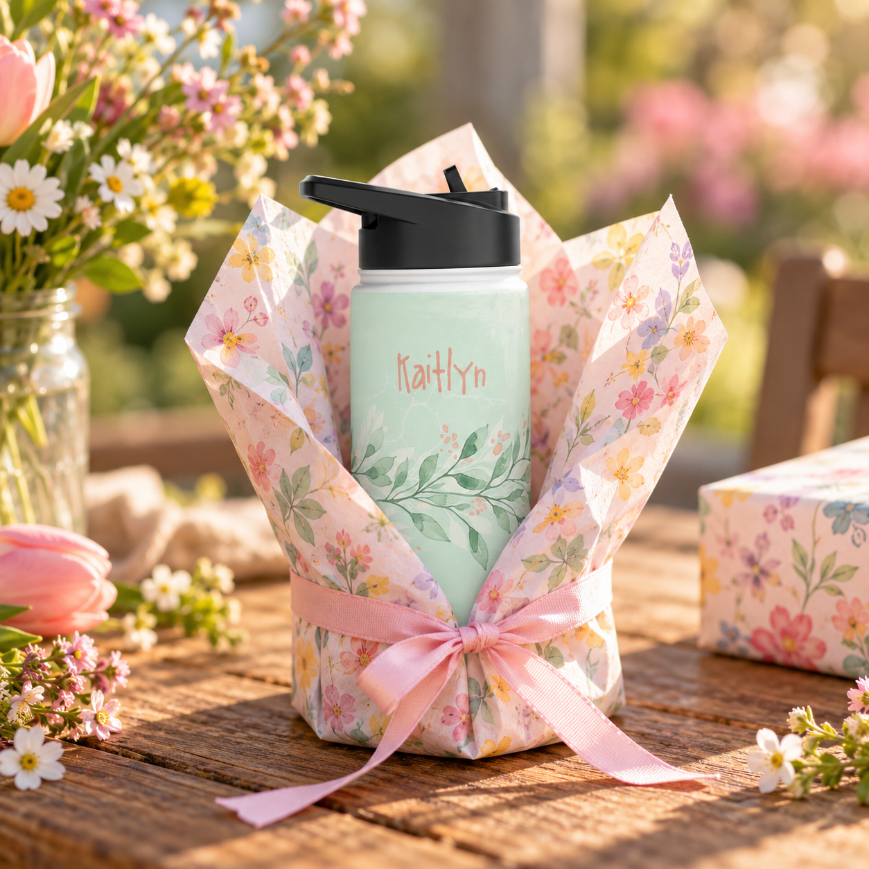 Personalized Water Bottle - Sage Green Botanical Custom Name