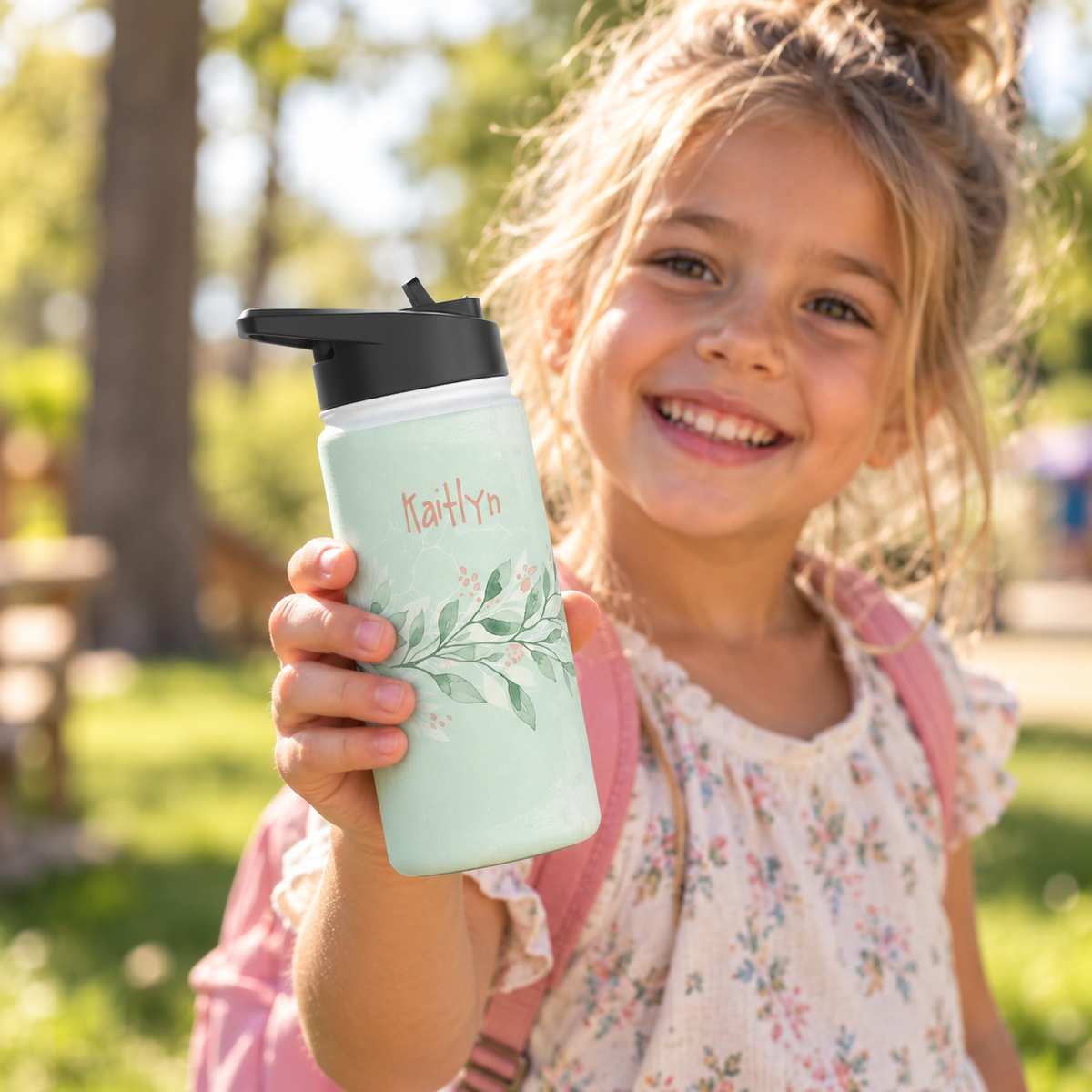 Personalized Water Bottle - Sage Green Botanical Custom Name