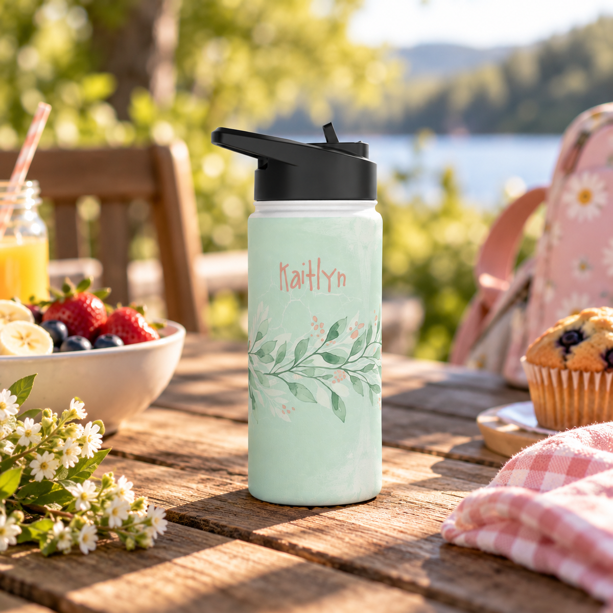 Personalized Water Bottle - Sage Green Botanical Custom Name