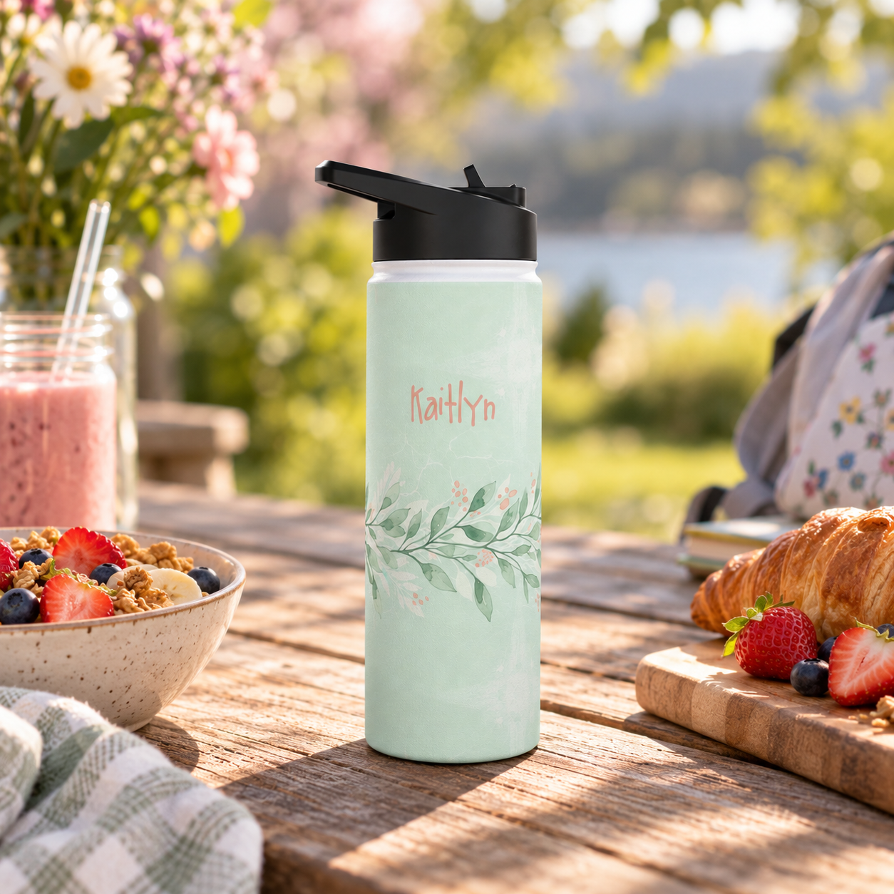 Personalized Water Bottle - Sage Green Botanical Custom Name