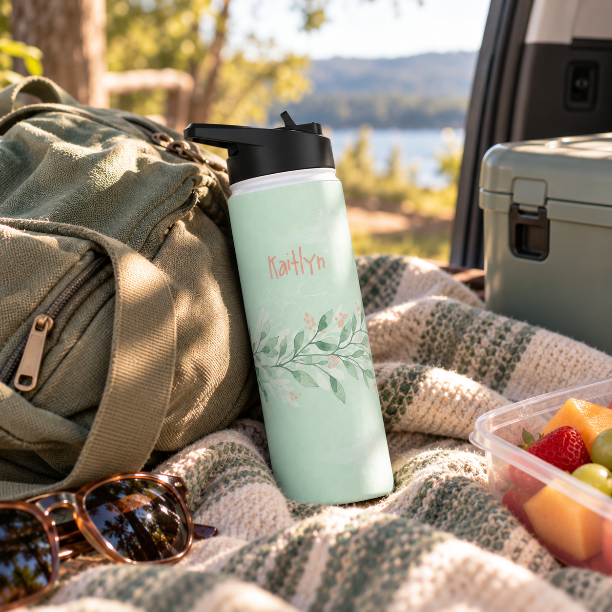 Personalized Water Bottle - Sage Green Botanical Custom Name