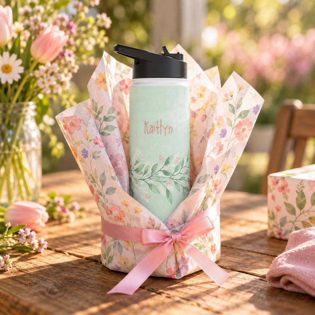 Personalized Water Bottle - Sage Green Botanical Custom Name