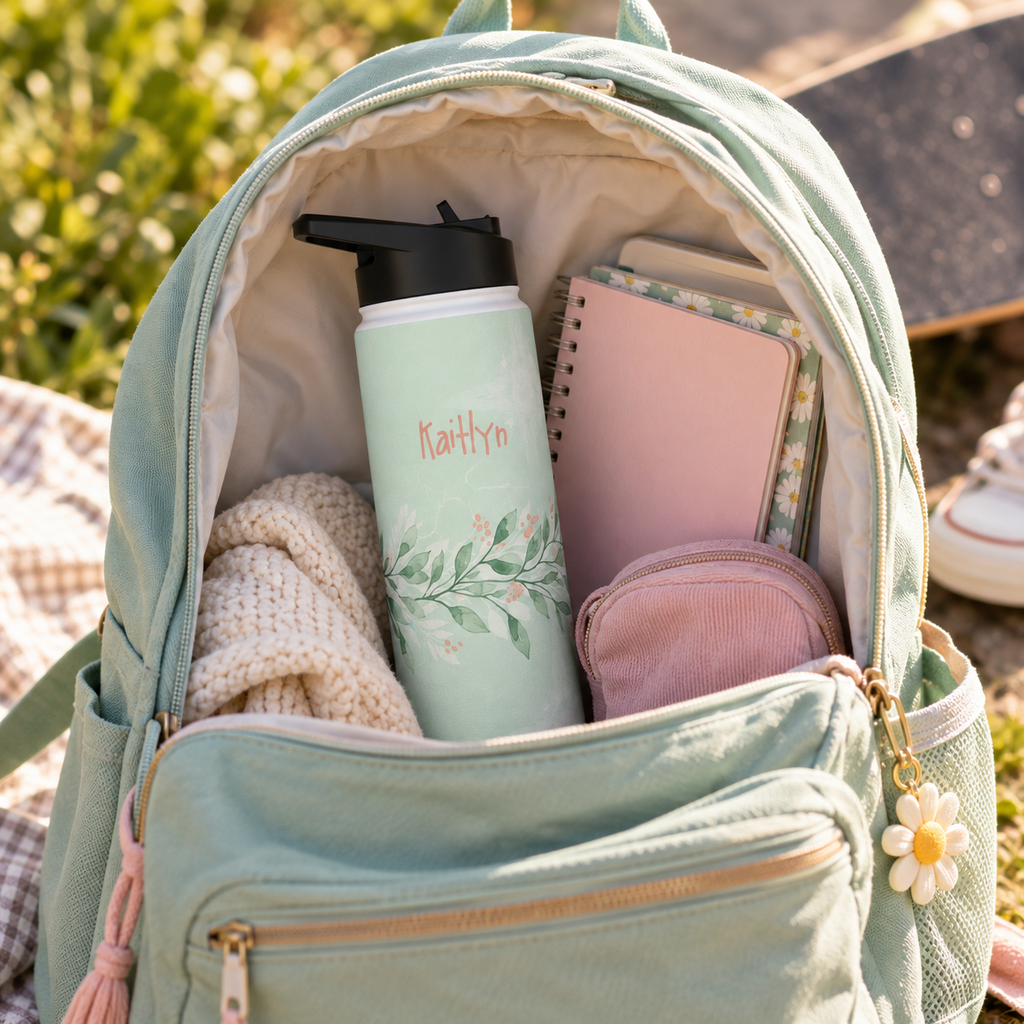 Personalized Water Bottle - Sage Green Botanical Custom Name