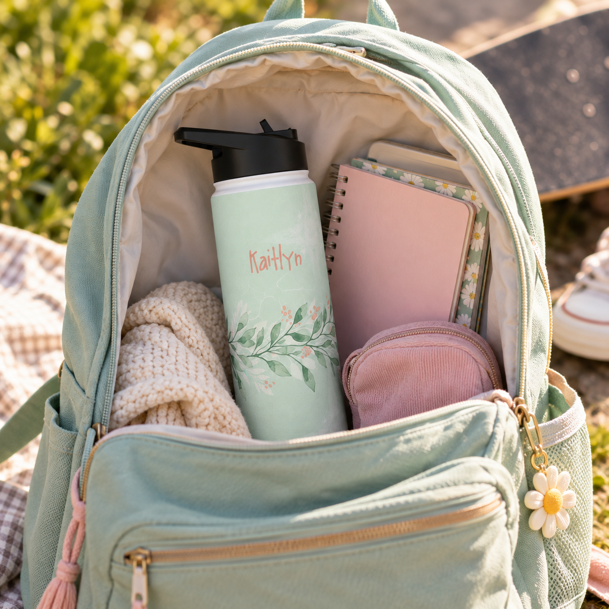 Personalized Water Bottle - Sage Green Botanical Custom Name
