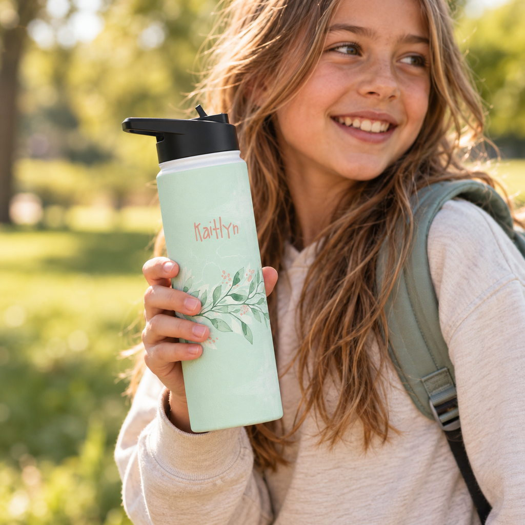 Personalized Water Bottle - Sage Green Botanical Custom Name