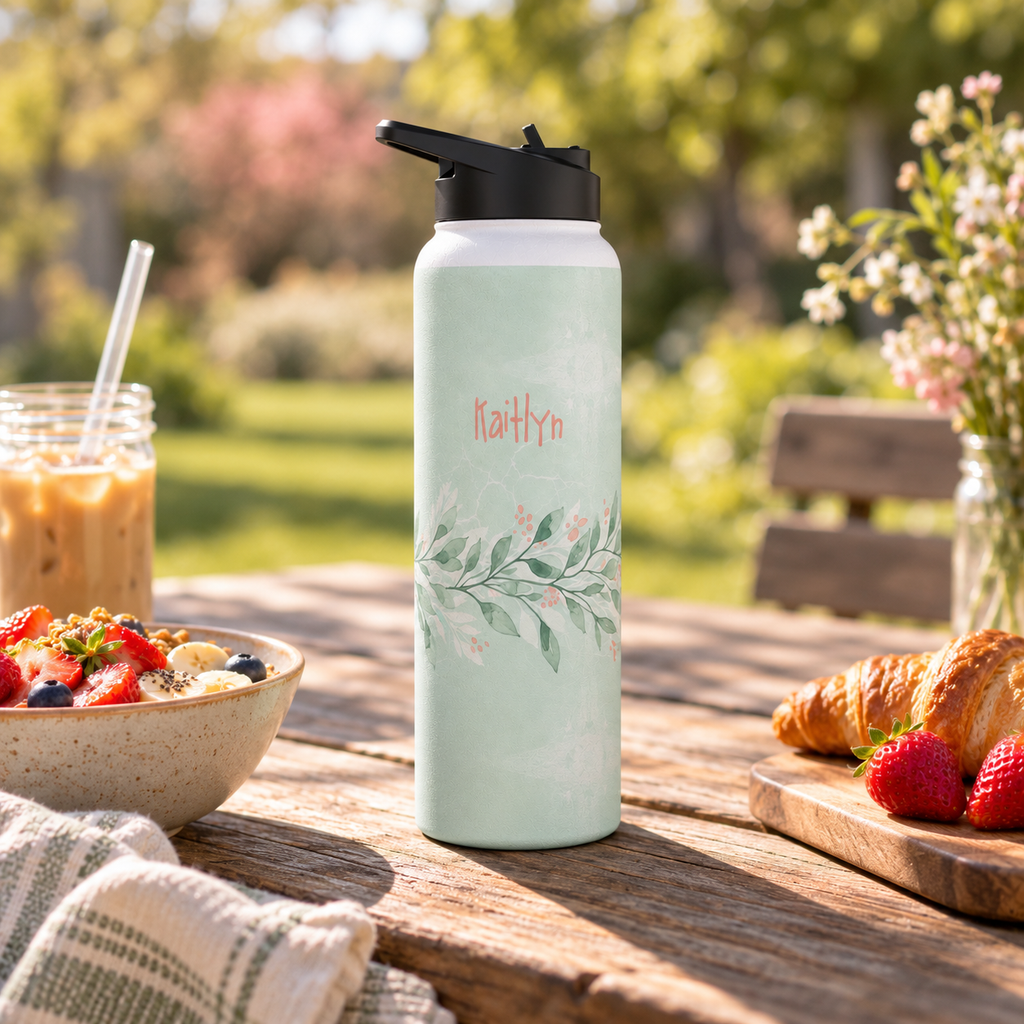 Personalized Water Bottle - Sage Green Botanical Custom Name
