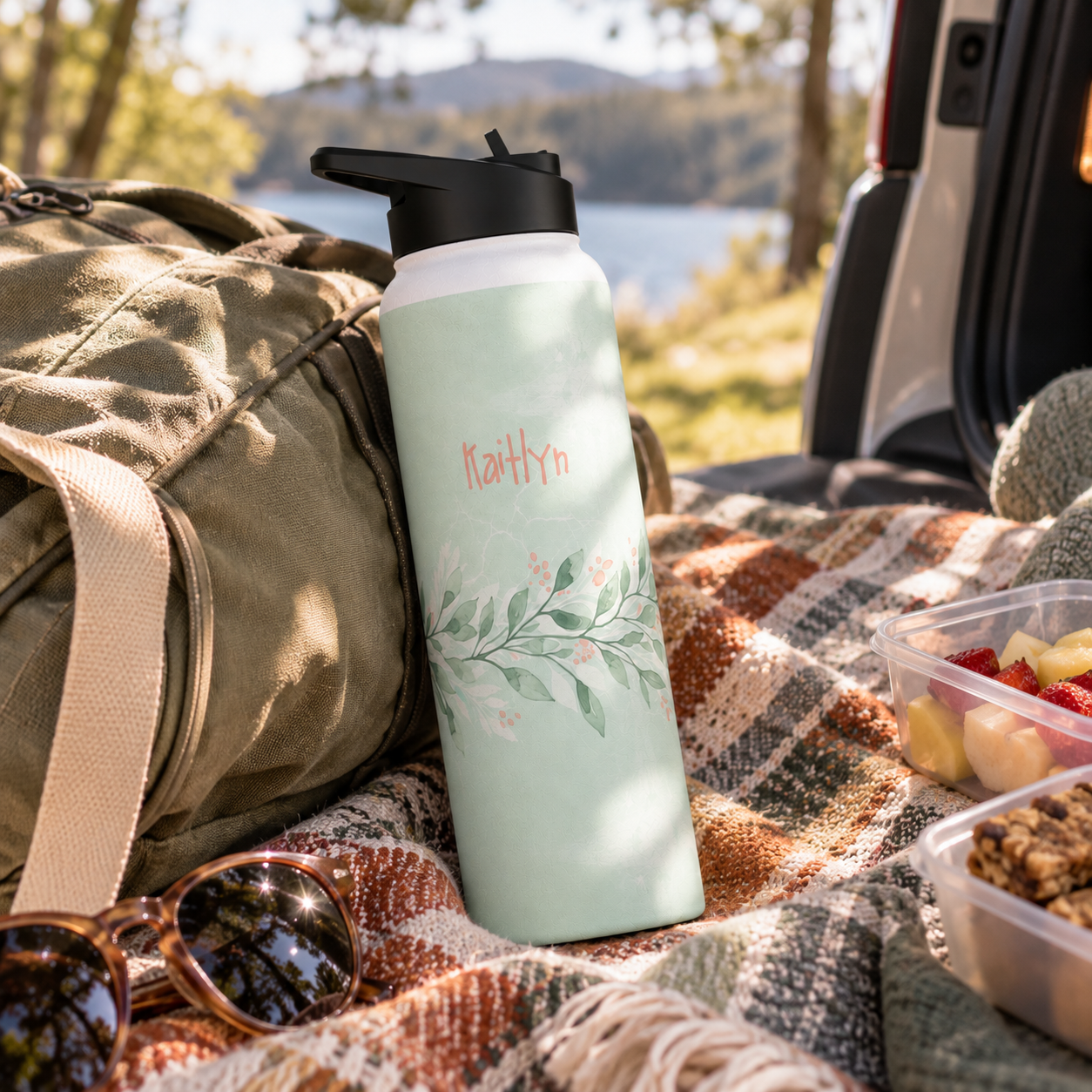Personalized Water Bottle - Sage Green Botanical Custom Name