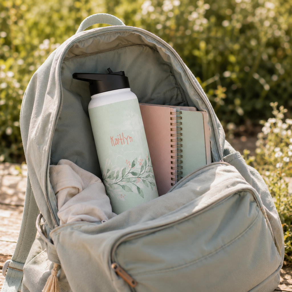Personalized Water Bottle - Sage Green Botanical Custom Name