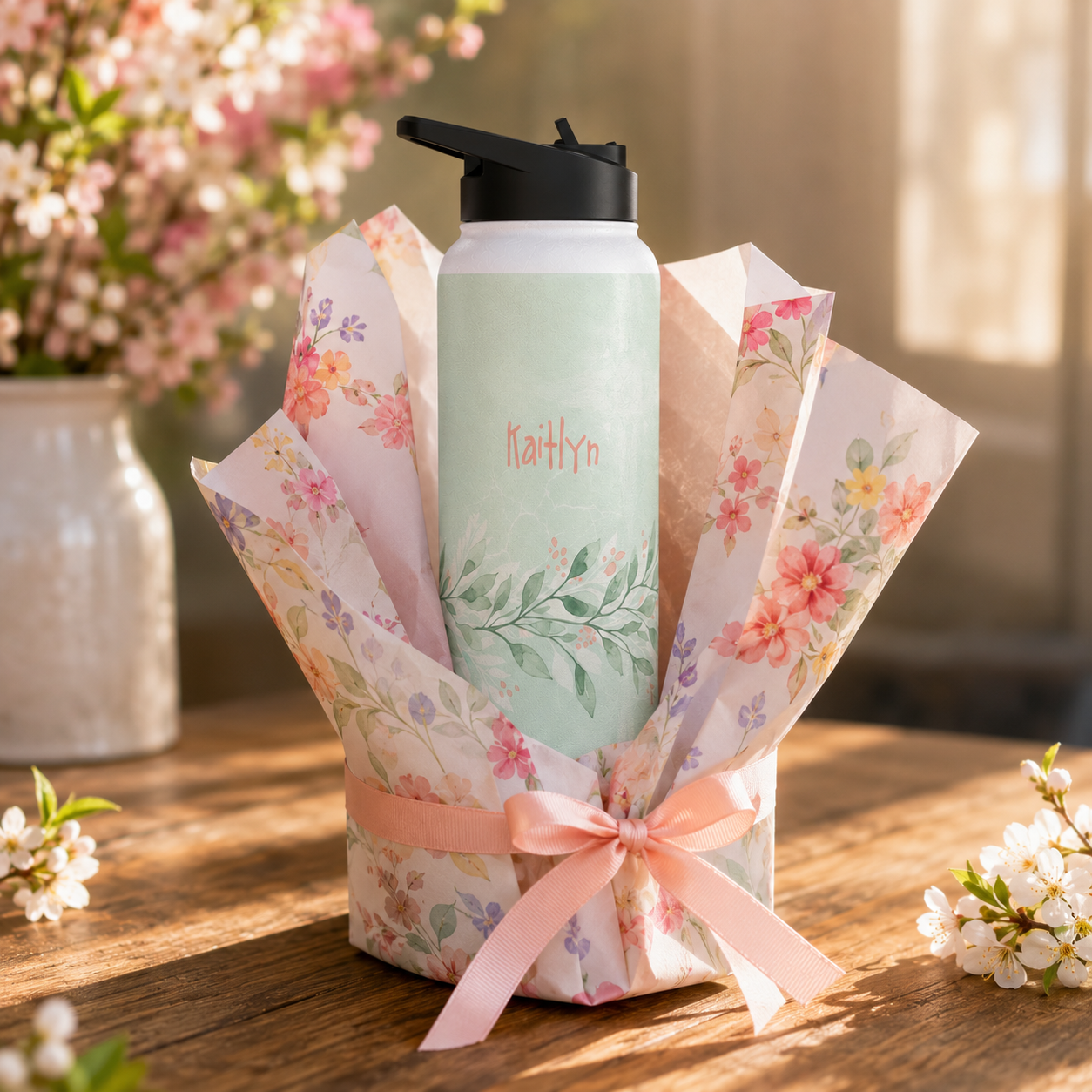 Personalized Water Bottle - Sage Green Botanical Custom Name