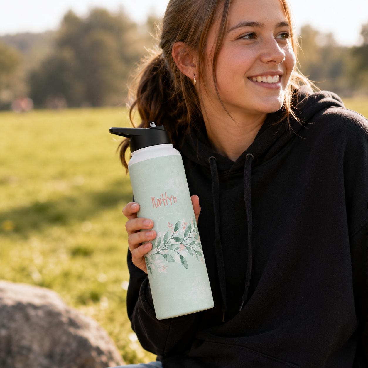 Personalized Water Bottle - Sage Green Botanical Custom Name