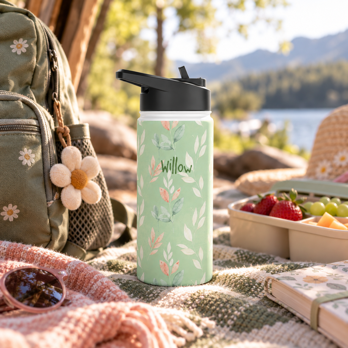 Personalized Water Bottle - Sage Green Leaf Custom Name
