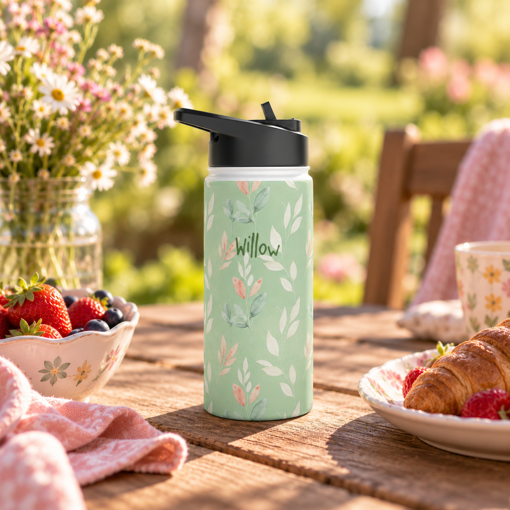 Personalized Water Bottle - Sage Green Leaf Custom Name